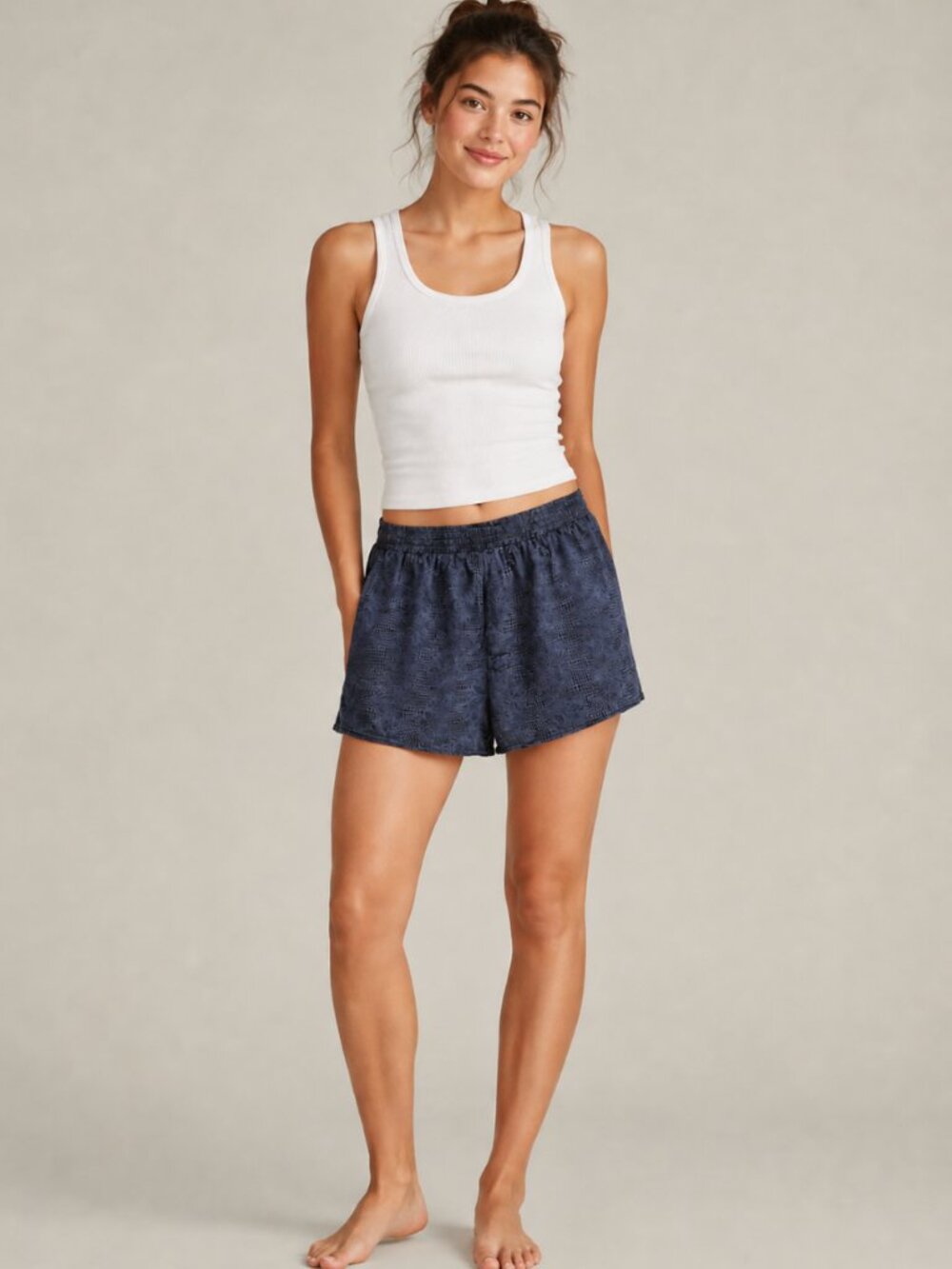 Women's Navy Blue Dot Design Print Pull-On Pajama Boxer Shorts 100% Silk Comfy